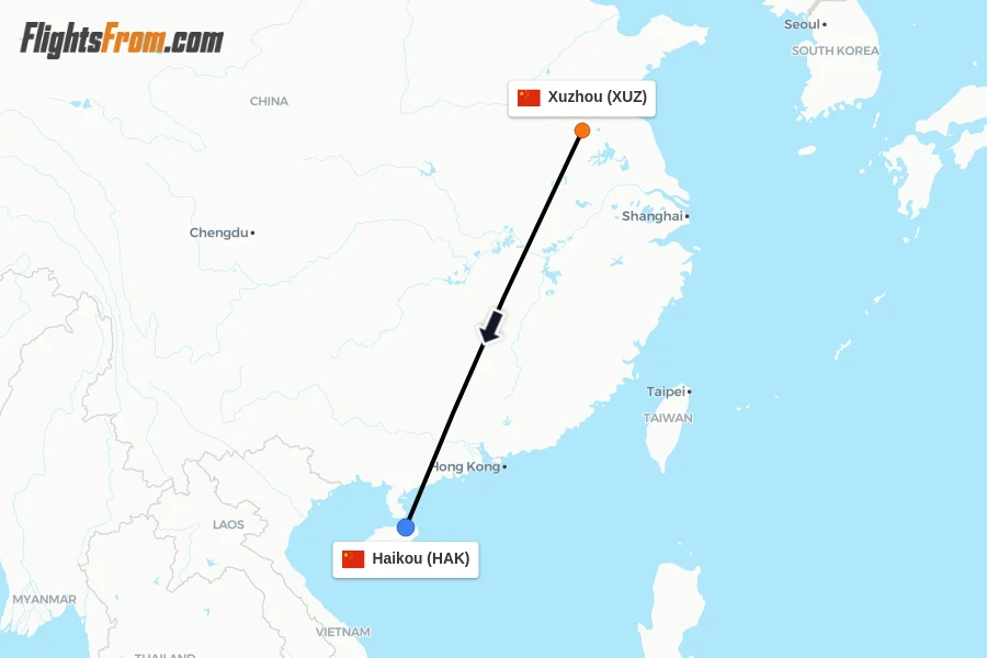 Flights from Xuzhou to Haikou route map