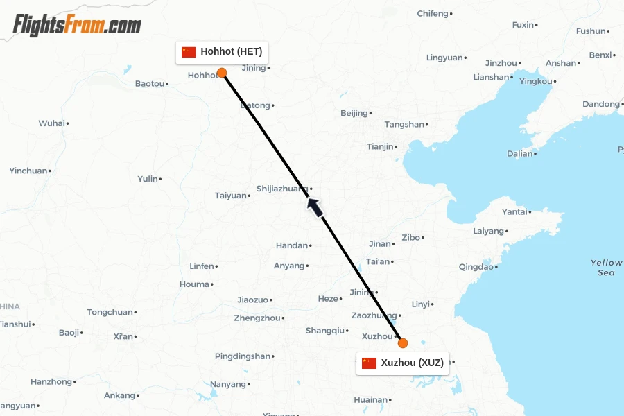 Flights from Xuzhou to Hohhot route map