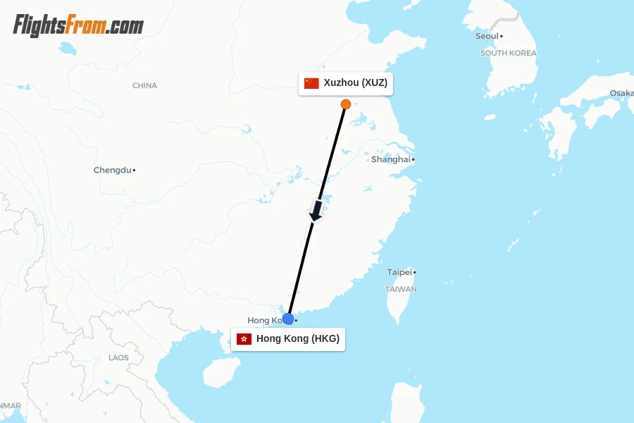 Flights from Xuzhou to Hong Kong route map