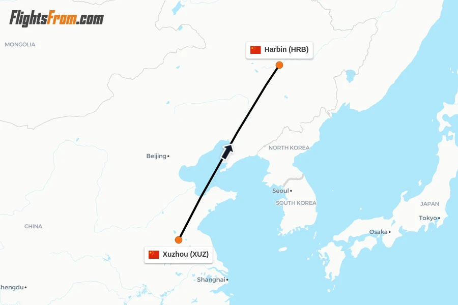 Flights from Xuzhou to Harbin route map