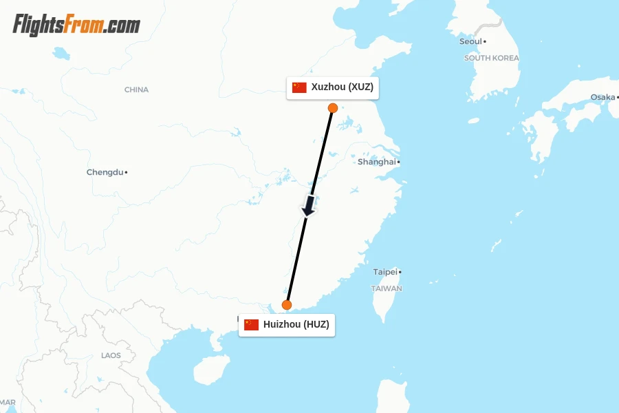 Flights from Xuzhou to Huizhou route map
