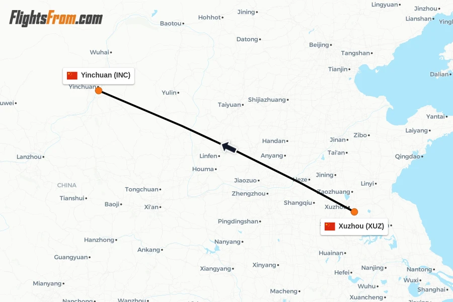 Flights from Xuzhou to Yinchuan route map
