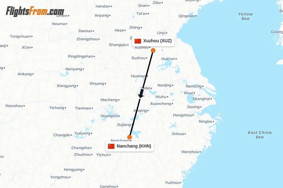 Flights from Xuzhou to Nanchang route map