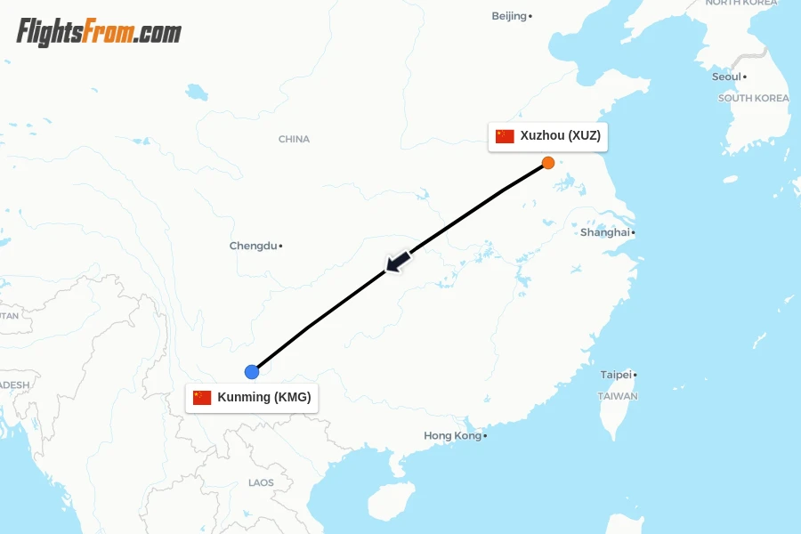 Flights from Xuzhou to Kunming route map