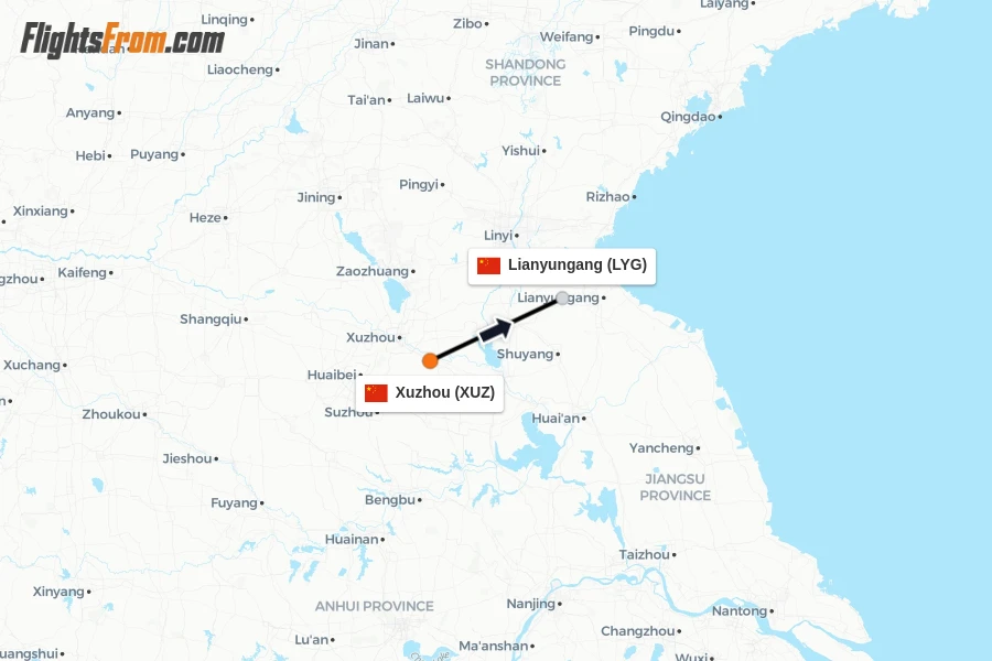 Flights from Xuzhou to Lianyungang route map