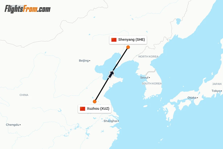 Flights from Xuzhou to Shenyang route map