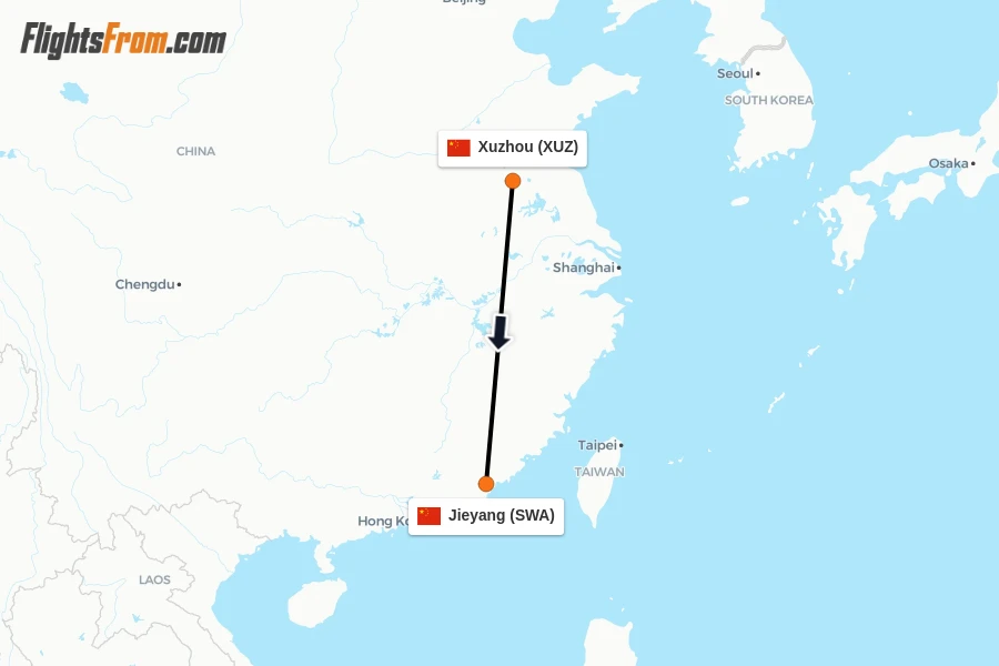 Flights from Xuzhou to Jieyang route map