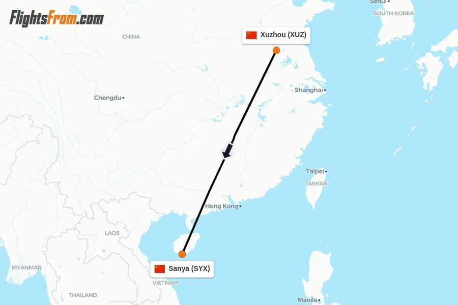 Flights from Xuzhou to Sanya route map