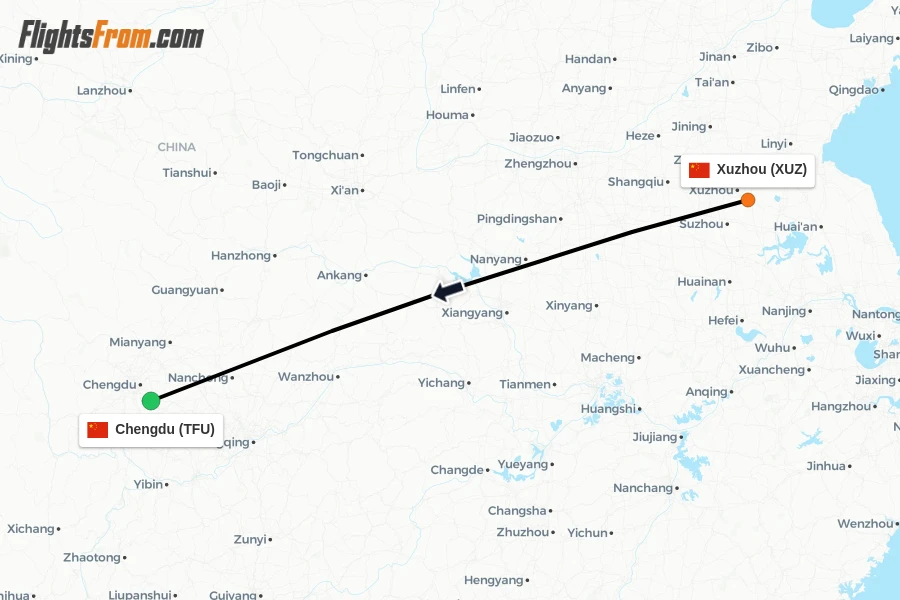 Flights from Xuzhou to Chengdu route map