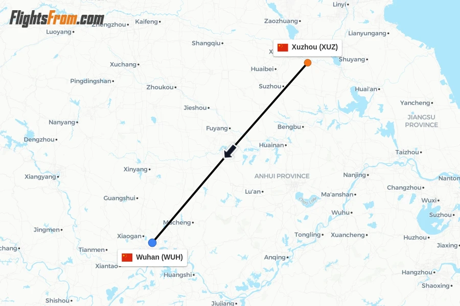 Flights from Xuzhou to Wuhan route map