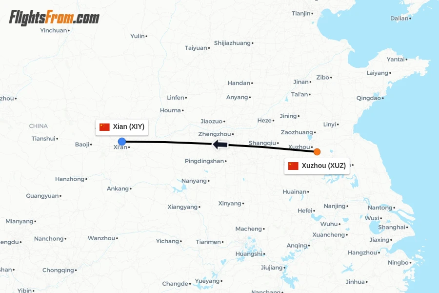 Flights from Xuzhou to Xian route map
