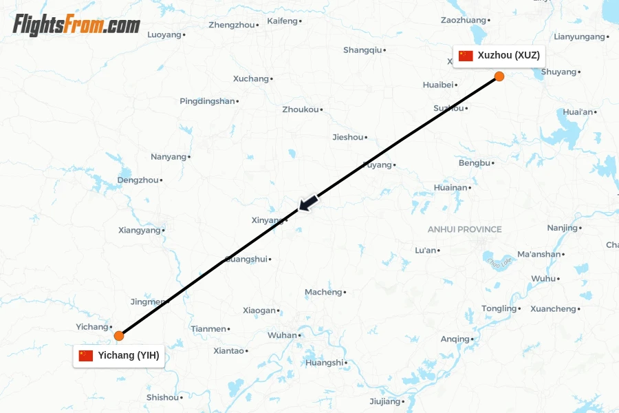 Flights from Xuzhou to Yichang route map