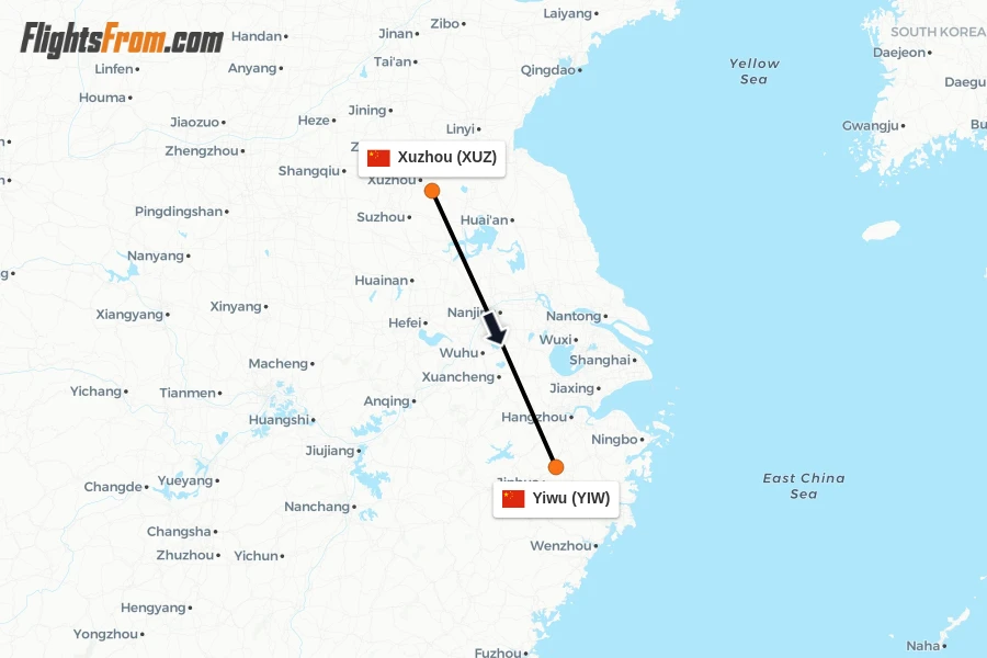 Flights from Xuzhou to Yiwu route map