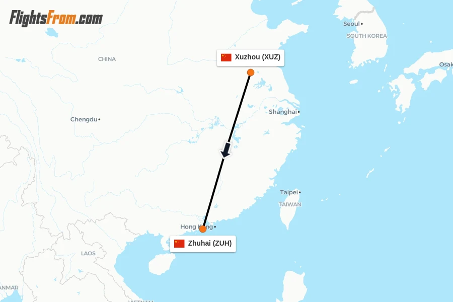 Flights from Xuzhou to Zhuhai route map