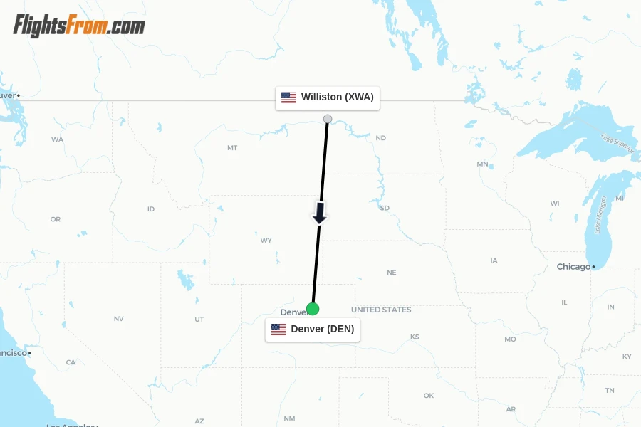 Flights from Williston to Denver route map