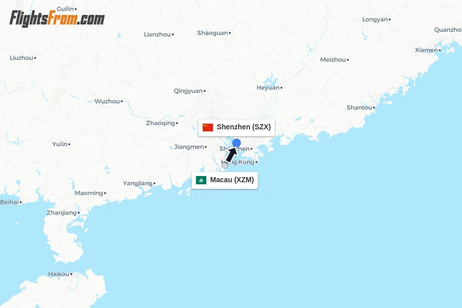 Flights from Macau to Shenzhen route map