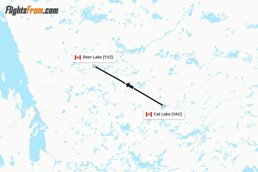 Flights from Cat Lake to Deer Lake route map