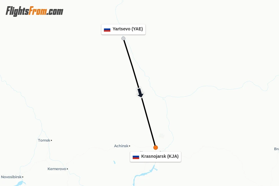 Flights from Yartsevo to Krasnojarsk route map