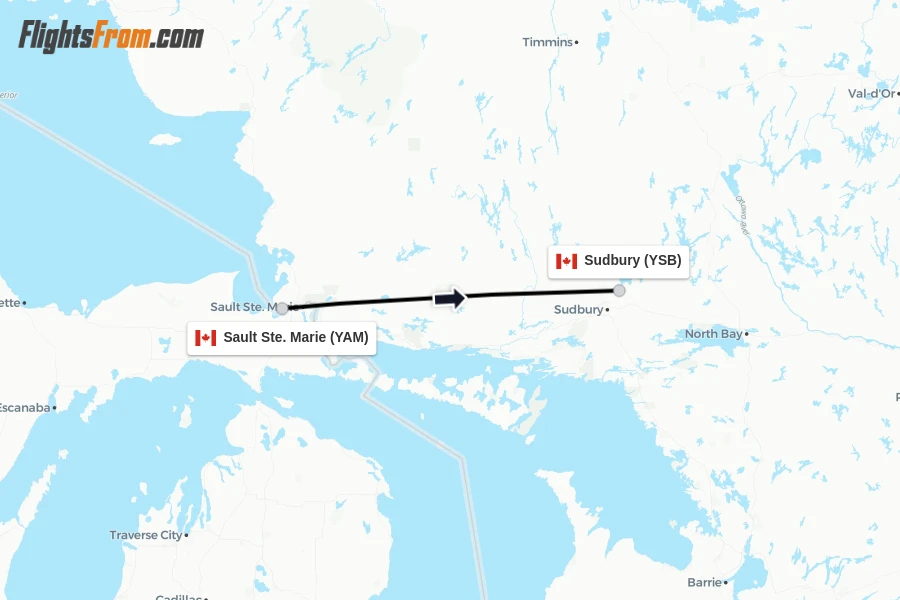 Flights from Sault Ste. Marie to Sudbury route map