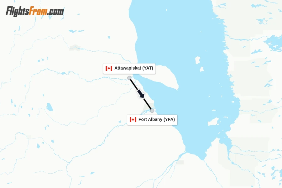 Flights from Attawapiskat to Fort Albany route map