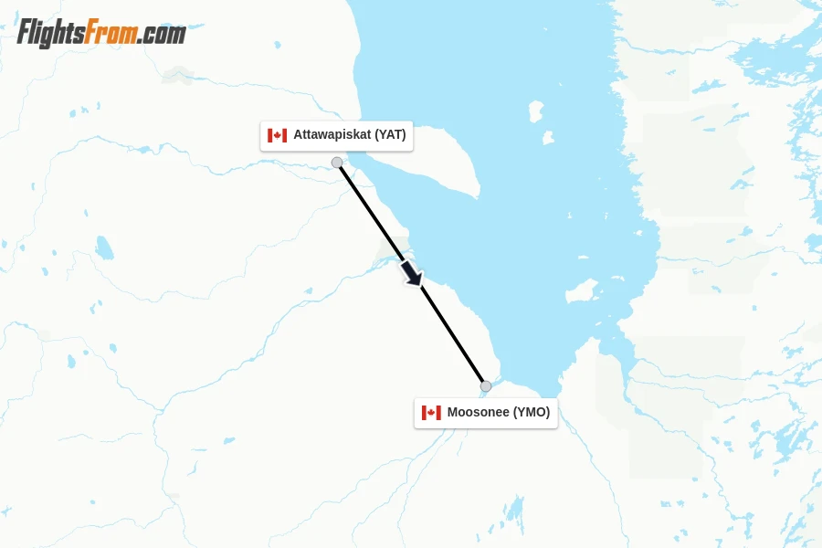 Flights from Attawapiskat to Moosonee route map