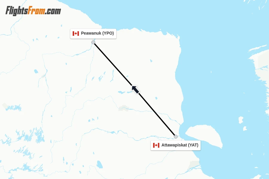 Flights from Attawapiskat to Peawanuk route map