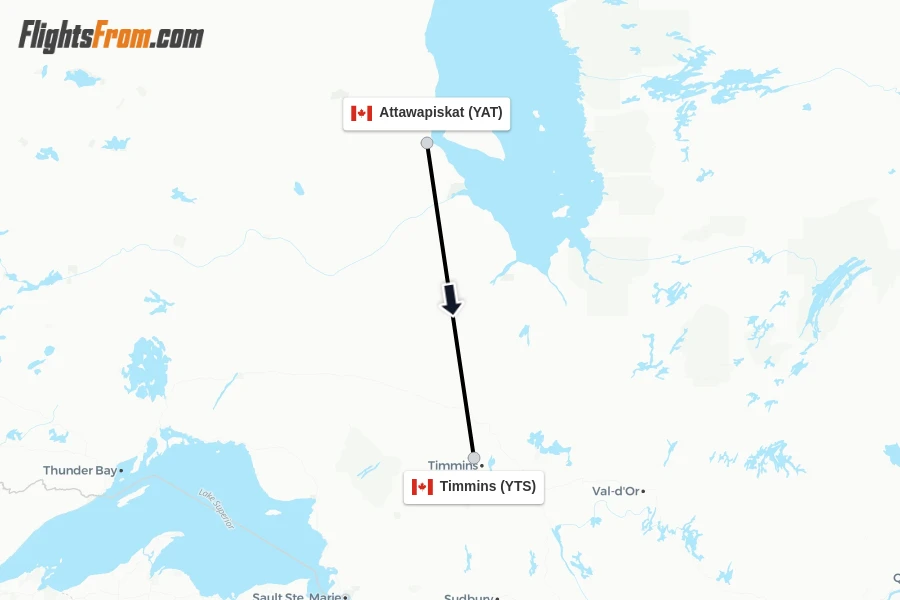 Flights from Attawapiskat to Timmins route map