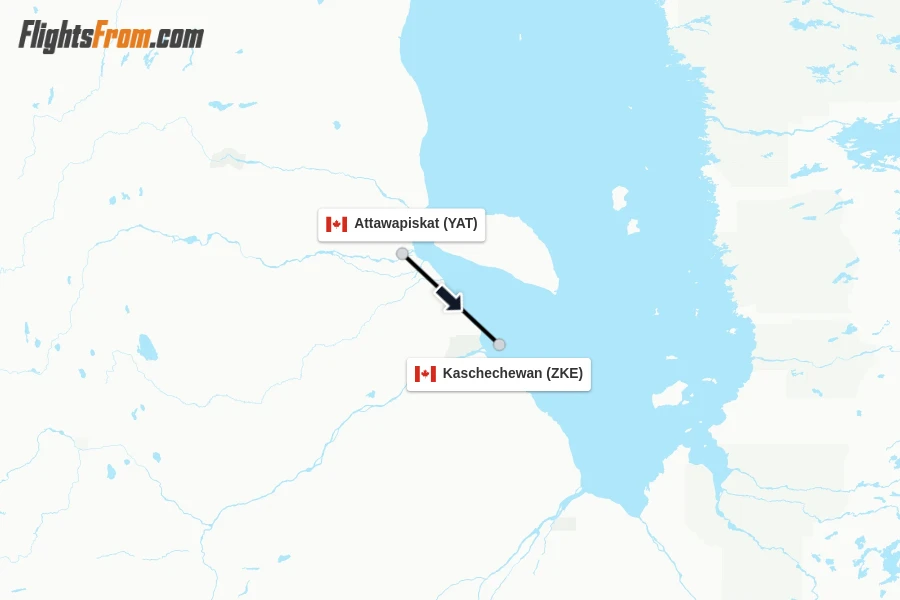Flights from Attawapiskat to Kaschechewan route map