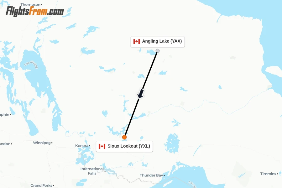Flights from Angling Lake to Sioux Lookout route map