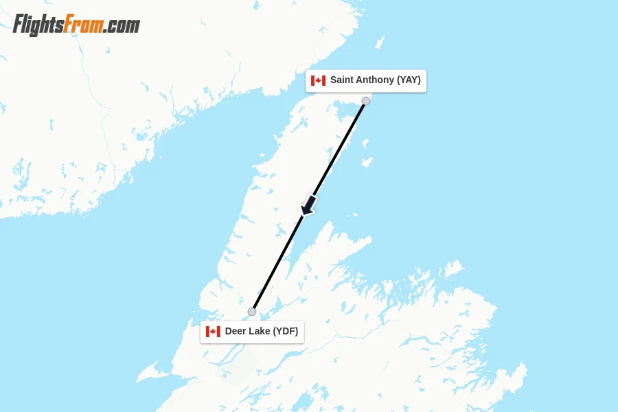 Flights from Saint Anthony to Deer Lake route map
