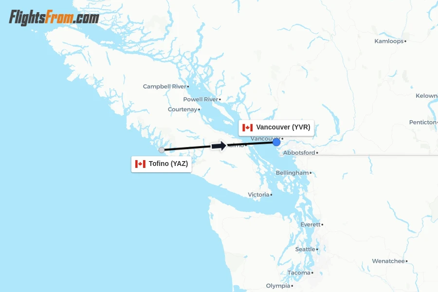 Flights from Tofino to Vancouver route map