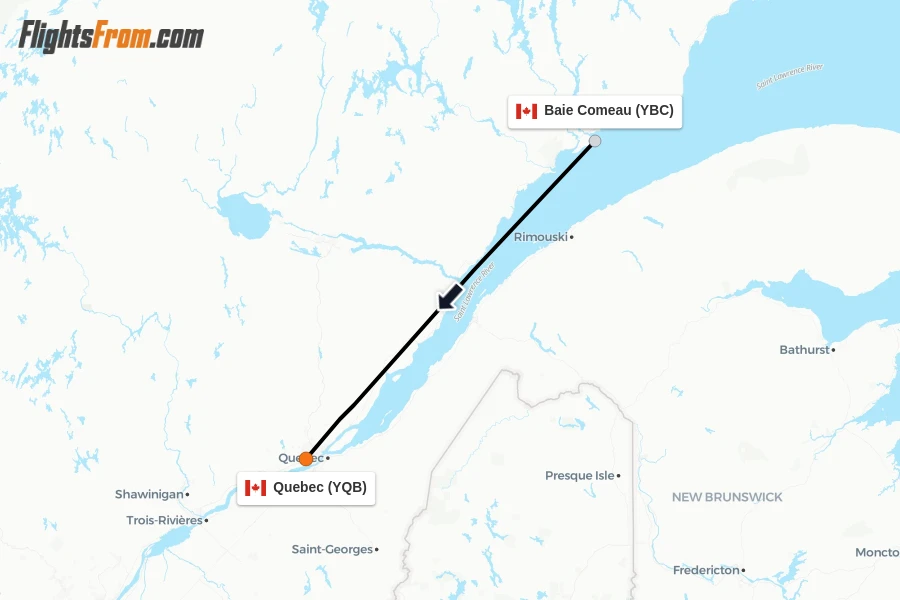 Flights from Baie Comeau to Quebec route map