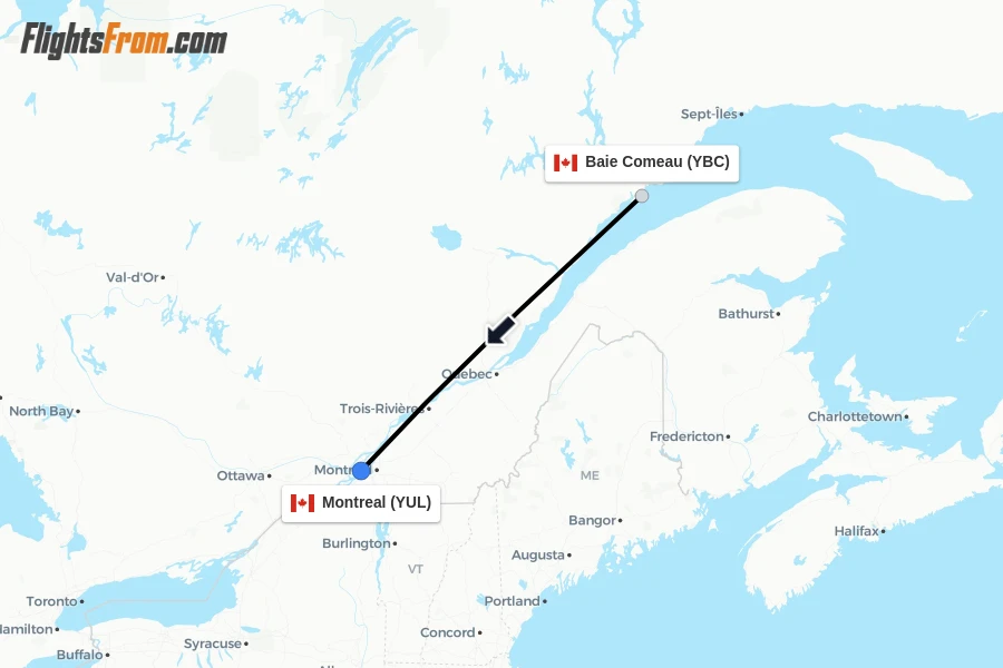 Flights from Baie Comeau to Montreal route map
