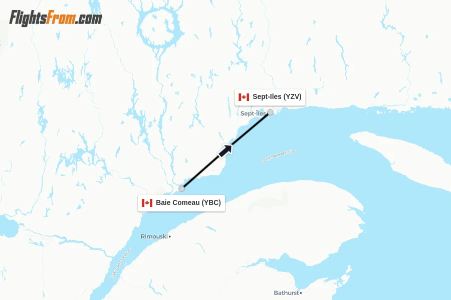 Flights from Baie Comeau to Sept-Iles route map