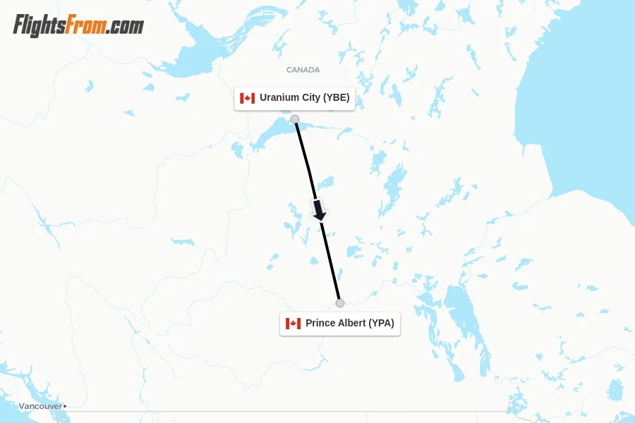 Flights from Uranium City to Prince Albert route map