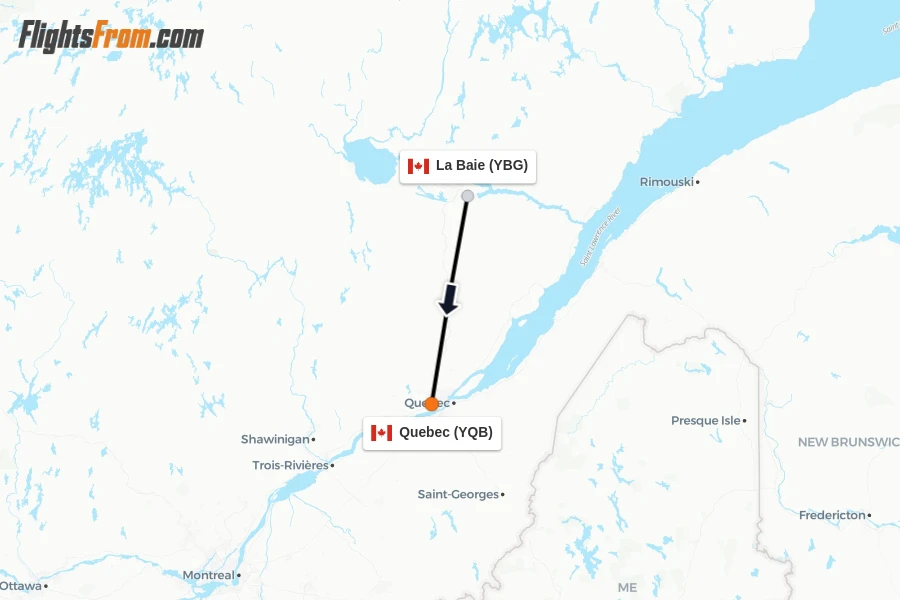 Flights from La Baie to Quebec route map