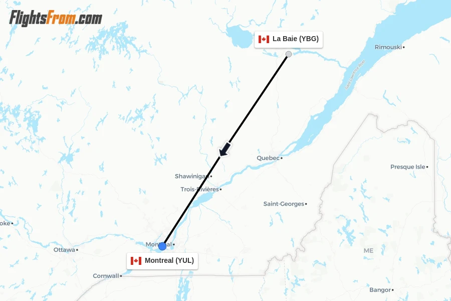 Flights from La Baie to Montreal route map