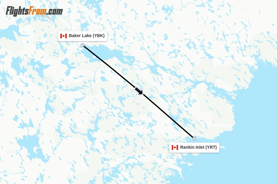 Flights from Baker Lake to Rankin Inlet route map