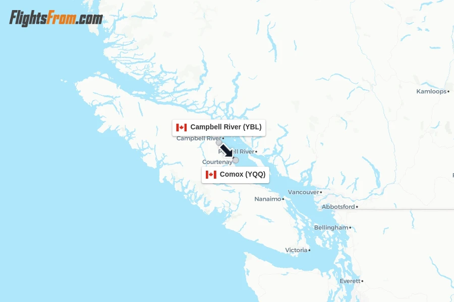 Flights from Campbell River to Comox route map