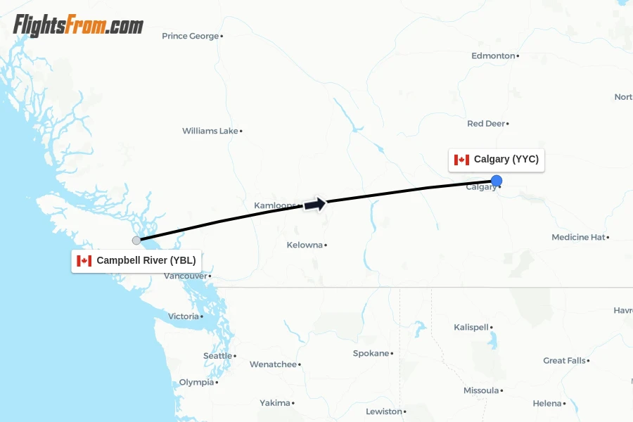 Flights from Campbell River to Calgary route map