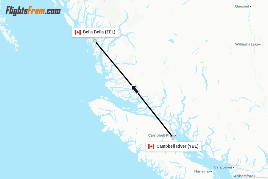 Flights from Campbell River to Bella Bella route map