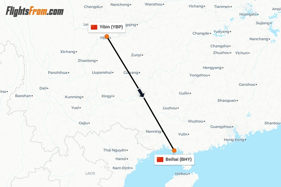 Flights from Yibin to Beihai route map
