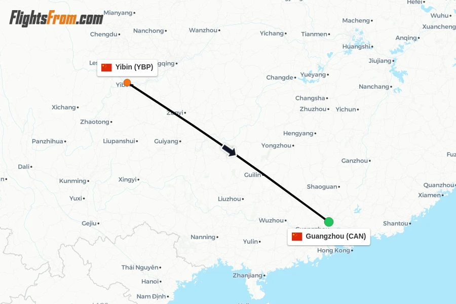 Flights from Yibin to Guangzhou route map