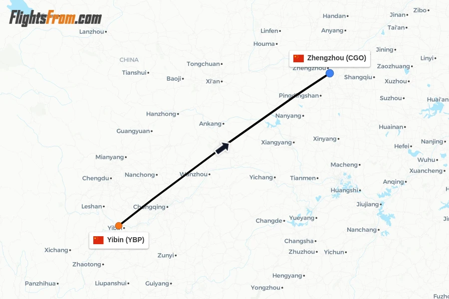 Flights from Yibin to Zhengzhou route map