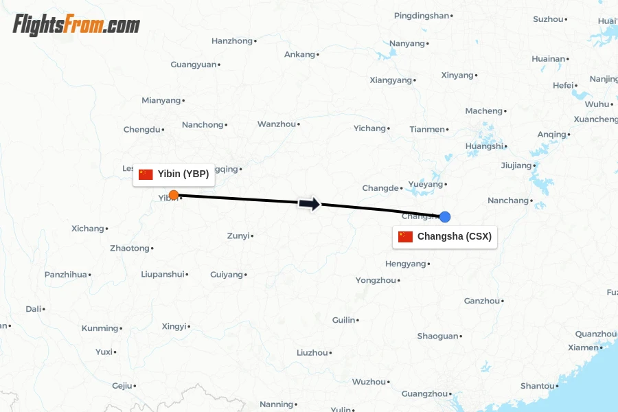 Flights from Yibin to Changsha route map