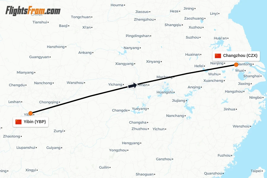 Flights from Yibin to Changzhou route map