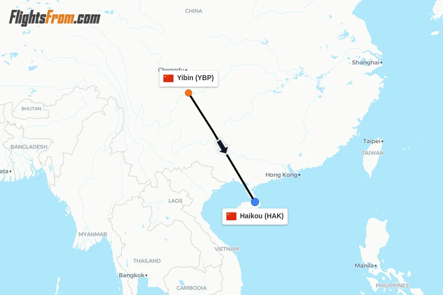 Flights from Yibin to Haikou route map