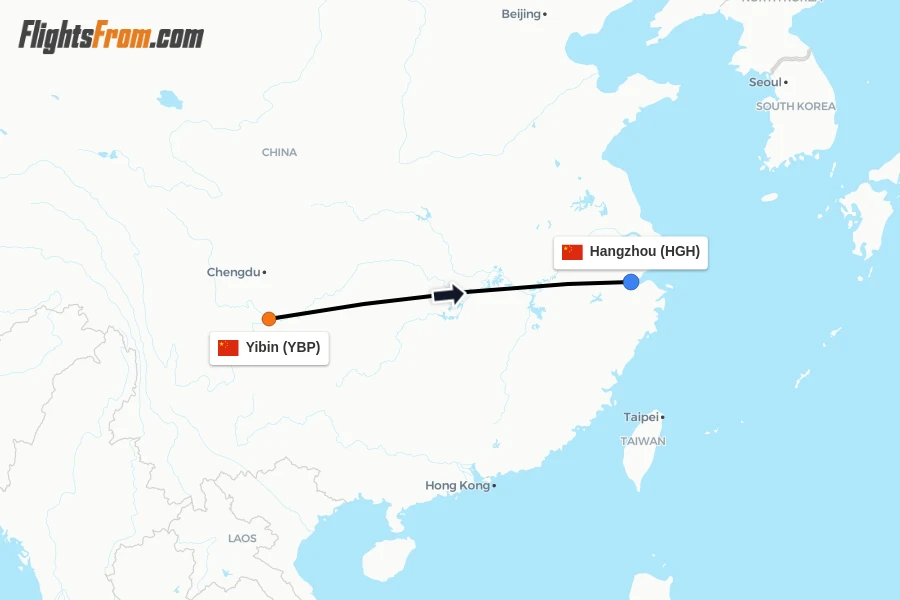 Flights from Yibin to Hangzhou route map