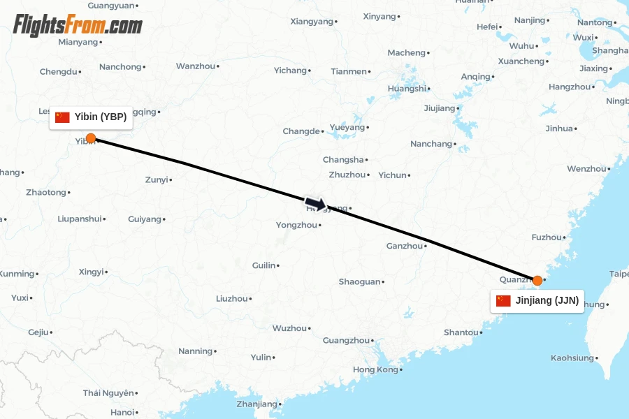 Flights from Yibin to Jinjiang route map
