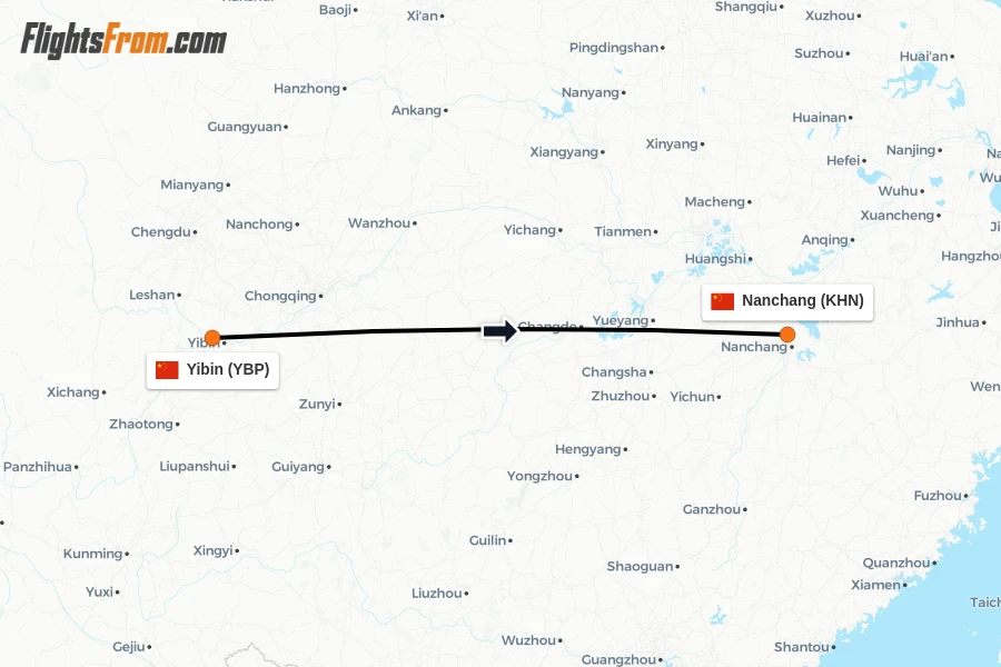 Flights from Yibin to Nanchang route map
